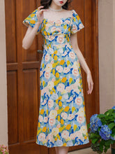 Load image into Gallery viewer, Yellow And Blue Floral Print Off Shoulder 1950S Dress