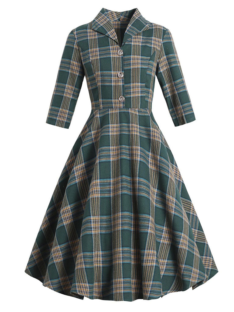 Plaid 3/4 Sleeve 1950S Vintage Dress With Button, Green / S