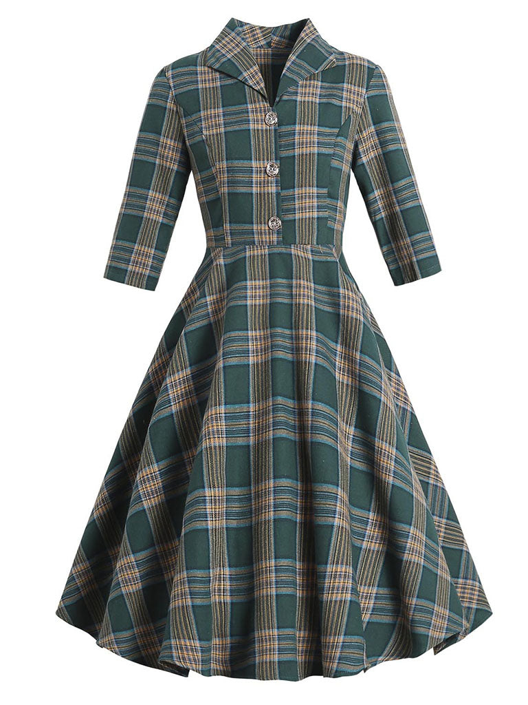 Plaid 3/4 Sleeve 1950S Vintage Dress With Button