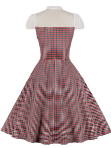 White Bowknot Collar Semi-Sheer Plaid 1950S Vintage Dress