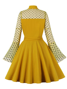 Yellow Turn Down Polka Dots Embroidered Semi-Sheer 1950S Vintage Dress