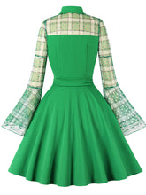 Load image into Gallery viewer, Green Plaid Trumpet Sleeves 1950S Vintage Dress