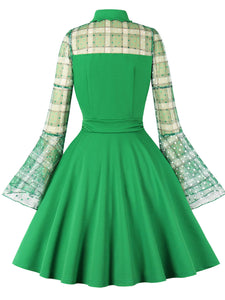 Green Plaid Trumpet Sleeves 1950S Vintage Dress