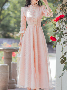 Pink Embroidered Puff Long Sleeve Edwardian Revival Dress