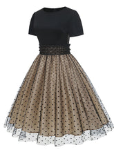 Load image into Gallery viewer, Black Crew Neck Polka Dots Embroidered Short Sleeve 50S Swing Dress