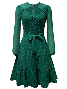 Dark Green Crew Neck Long Sleeve 1950S A Line Vintage Dress With Belt