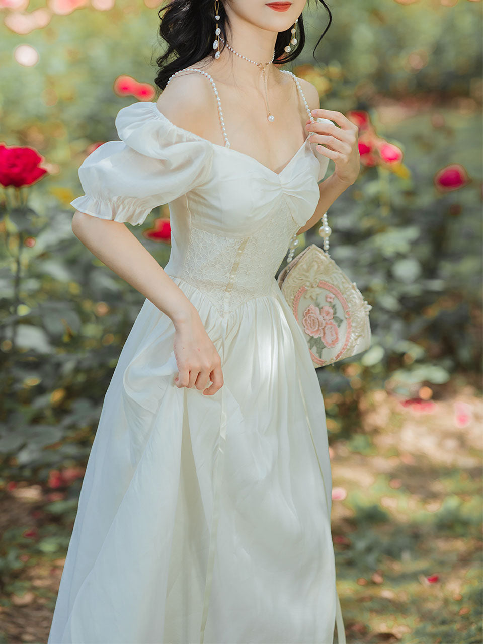 White Off Shoulder Pearl Strap Puff Sleeve Vintage 1950S Swing Victoria's Fairy Dress White / S White Off Shoulder Pearl Strap Puff Sleeve Vintage 1950S Swing Victoria's Fairy Dress White / S