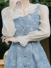 Load image into Gallery viewer, 3PS Denim Rose Embroidered Top and White Chiffon Bottoming Shirt Skirt Set