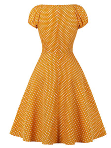 Polka Dots Off Shoulder Puff Sleeve 1950S Vintage Swing Dress