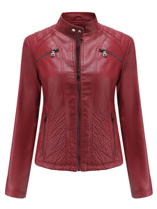 Pink Long Sleeve PU Leather Motorcycle Jacket For Women