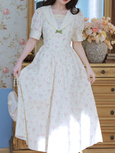 Load image into Gallery viewer, White Floral Print Sailor Collar Puff Sleeve Vintage 1950S Dress