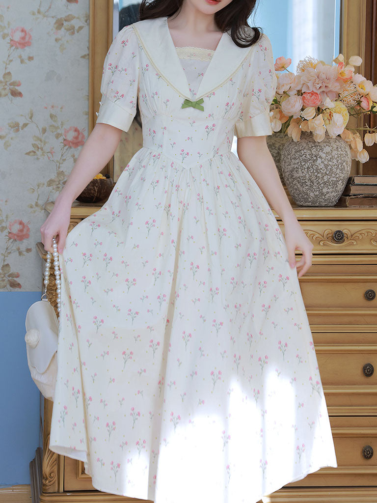 White Floral Print Sailor Collar Puff Sleeve Vintage 1950S Dress