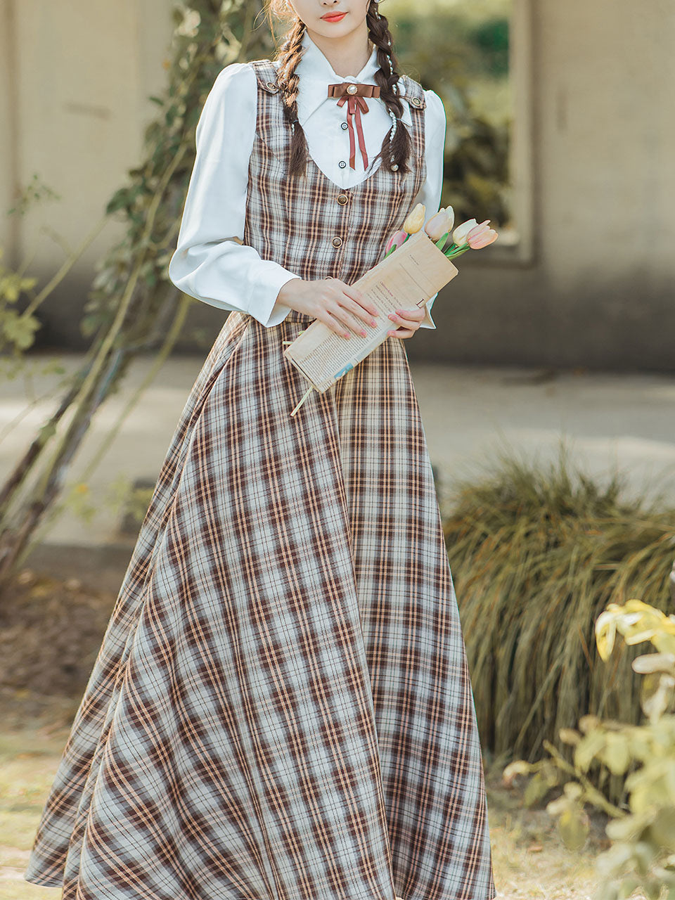 3PS White Long Sleeve Shirt With Brown Plaid Print Vest And Skirt Suits, Brown / L 3PS White Long Sleeve Shirt With Brown Plaid Print Vest And Skirt Suits, Brown / L