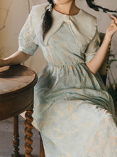 Load image into Gallery viewer, Baby Green Bow Butterfly Collar Puffed Sleeves Embroidered 50S Dress
