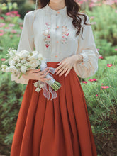 Load image into Gallery viewer, 2PS 1950S White Cat Embroidered Long Sleeve Shirt And Orange Swing Skirt Suit