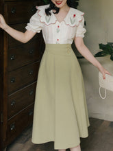 Load image into Gallery viewer, 2PS Green Peter Pan Collar Lace Tulip Embroidered Shirt And Swing Skirt Dress Set