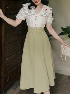 2PS Green Peter Pan Collar Lace Tulip Embroidered Shirt And Swing Skirt Dress Set