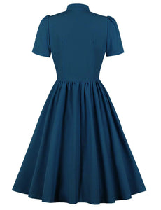 Baby Blue Tie Neck Short Sleeve Pleated A Line Cocktail Vintage Dress