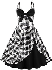Black Houndstooth Print Spaghetti Strap 1950S Vintage Swing Dress