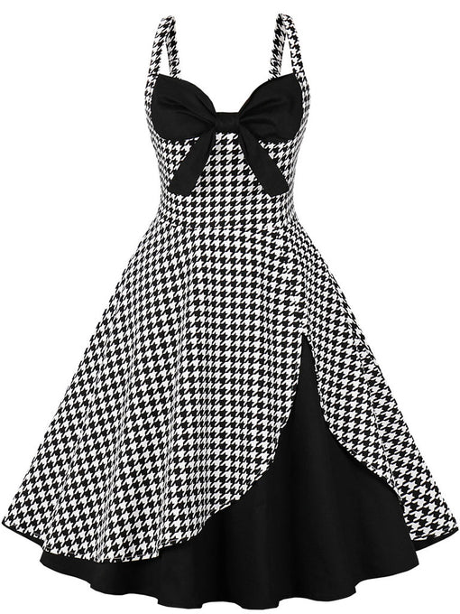 Black Houndstooth Print Spaghetti Strap 1950S Vintage Swing Dress