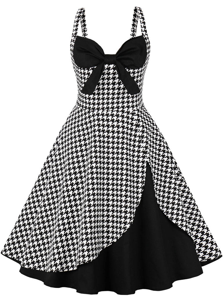 Black Houndstooth Print Spaghetti Strap 1950S Vintage Swing Dress