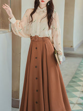 Load image into Gallery viewer, 2PS 1950S White Flower Embroidered Long Sleeve Shirt And Brown Swing Skirt Suit