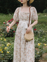 Load image into Gallery viewer, Floral Embroidered Lace Puffed Sleeve Chiffion Vintage Dress With Belt