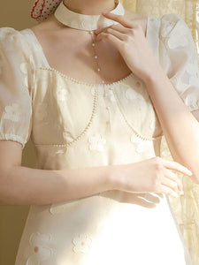 White Daisy Pearl Puff Sleeves 50S Vintage Dress