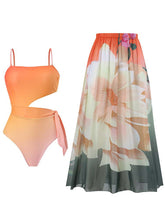 Load image into Gallery viewer, Orange Floral Print Flower Strap One Piece With Bathing Suit Swing Maxi Skirt