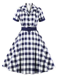 Red Plaid Turn Collar Cotton Vintage 1950S Dress With Belt