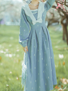 Blue Sailor Petal Neck Embroidered Vintage Dress