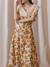 Load image into Gallery viewer, Orange Rose Print Off Shoulder Short Sleeves 50S Chiffon Dress