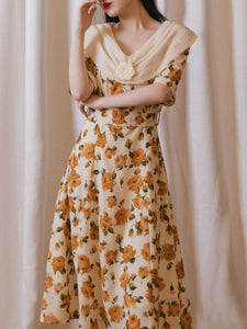 Orange Rose Print Off Shoulder Short Sleeves 50S Chiffon Dress