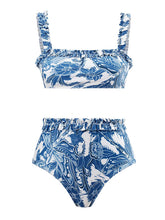 Load image into Gallery viewer, Blue Floral Print Retro Style Strap Bikini Two Piece With Bathing Suit Swing Skirt