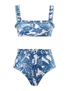 Blue Floral Print Retro Style Strap Bikini Two Piece With Bathing Suit Swing Skirt