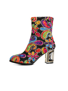 7CM Luxury Embroidered Chunky High Heel Platform Bootie Vintage Shoes