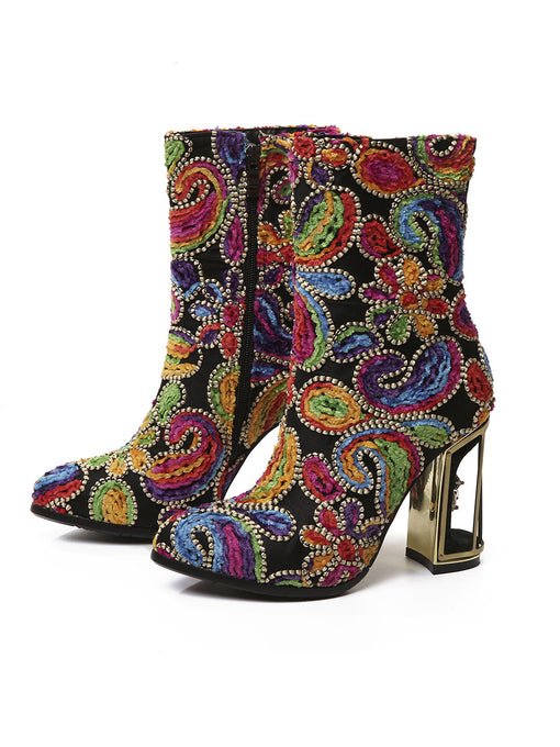 10CM Luxury Embroidered Chunky High Heel Platform Bootie Vintage Shoes