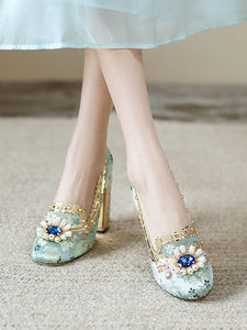 10CM Luxury Pearls And Diamonds Chunky Heels Retro Shoes