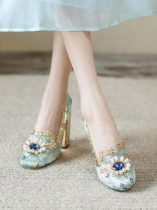 10CM Luxury Pearls And Diamonds Chunky Heels Retro Shoes