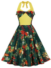 Load image into Gallery viewer, Yellow Floral Print Off the Shoulder High Waist Halter 1950 Dress