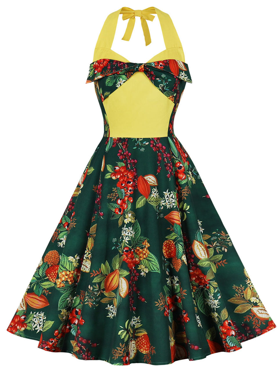 Yellow Floral Print Off the Shoulder High Waist Halter 1950 Dress