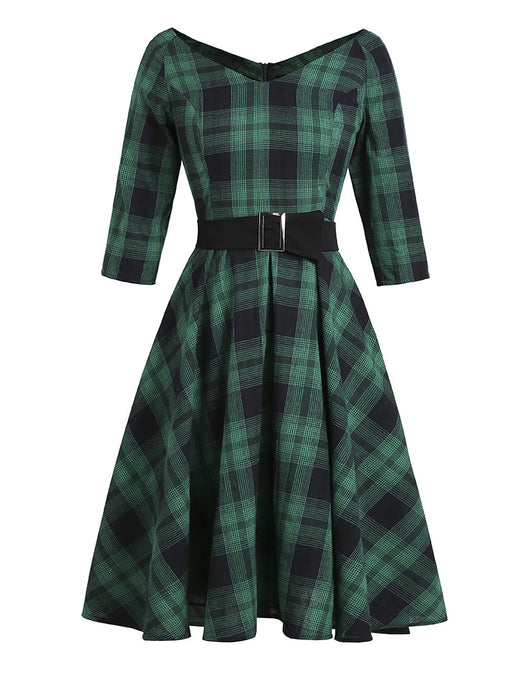 Green Plaid 1950S Swing Vintage Dress With Belt