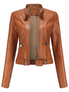 Crop Coat Long Sleeve PU Leather Motorcycle Jacket