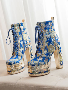 15CM Luxury Embroidered Chunky High Heel Platform Bootie Vintage Shoes