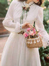 Load image into Gallery viewer, Yellow Flower Embroidered Puff Long Sleeve Edwardian Revival Dress