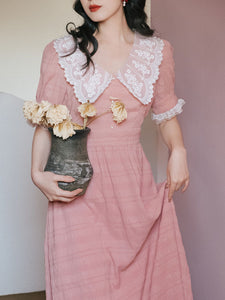 Pink Lace Collar Puff Sleeve Vintage 1950S Dress