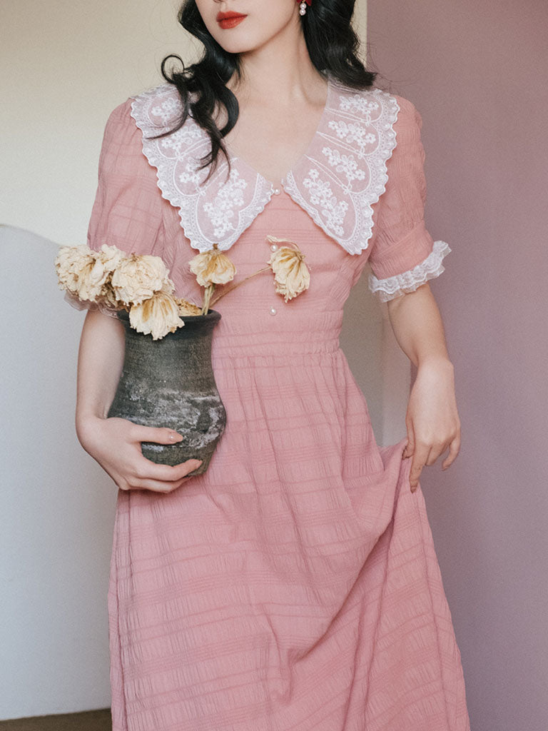 Pink Lace Collar Puff Sleeve Vintage 1950S Dress