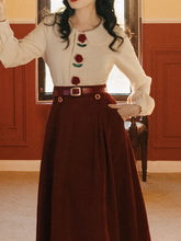 Load image into Gallery viewer, 2PS Rose Embroidered Peter Pan Blouse And Red Swing Skirt Dresss Set