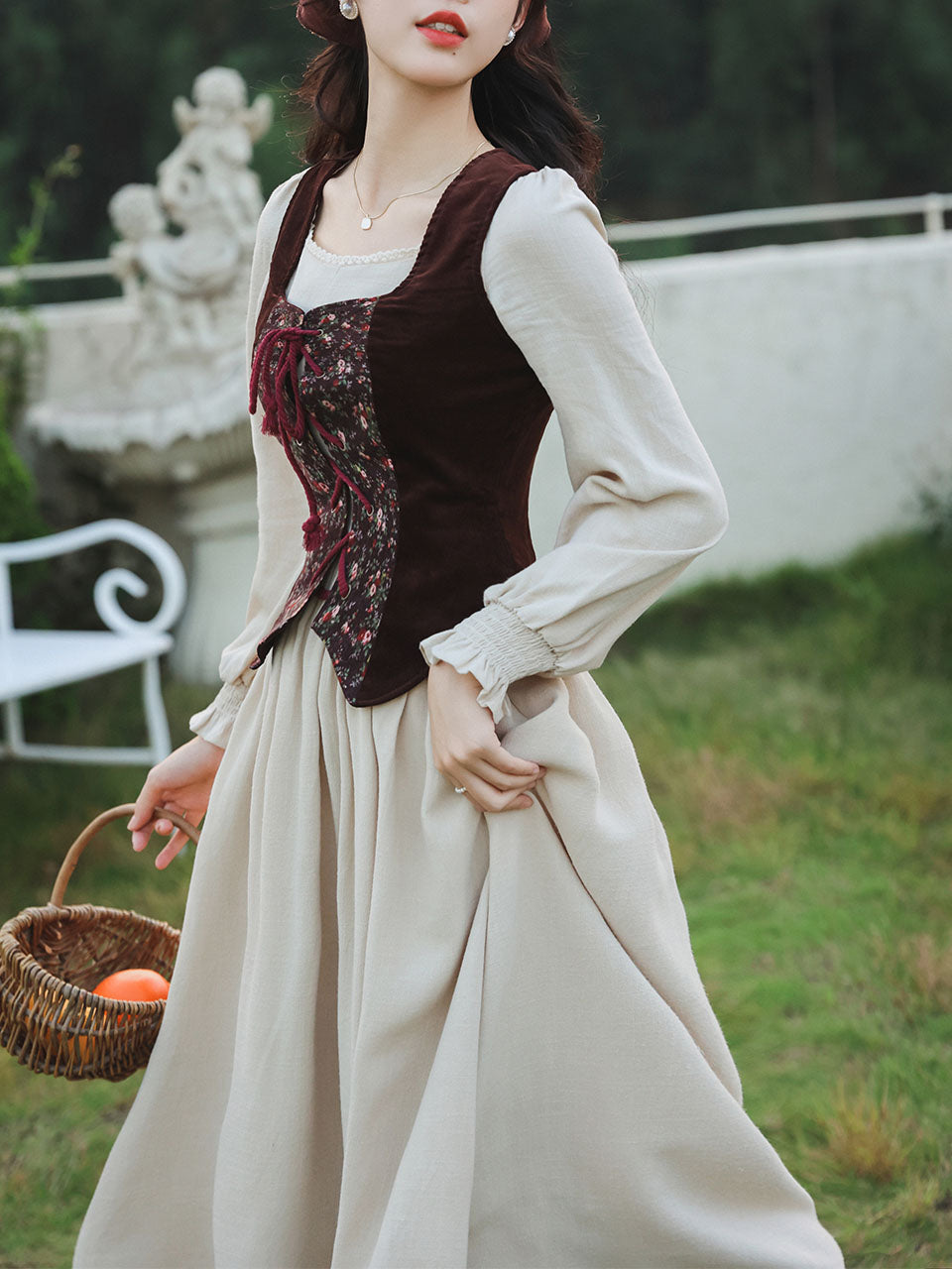 2PS White Long Sleeve Ruffles Cottagecore Dress With Brown Embroidered Vest Suits Brown / XS 2PS White Long Sleeve Ruffles Cottagecore Dress With Brown Embroidered Vest Suits Brown / XS