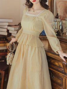 Yellow Square Neck Lace Butt Waist Ruffle 1950S Dress